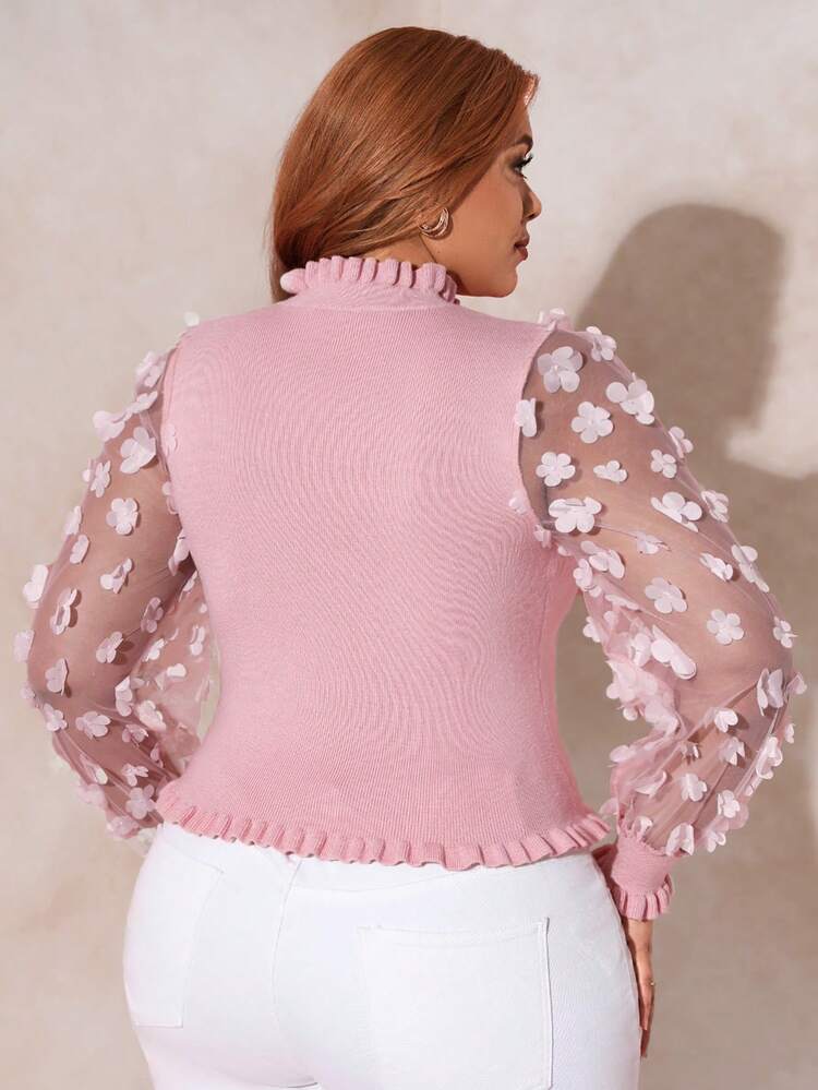 Plus Appliques Mesh Sleeve Frill Trim Mock Neck Sweater