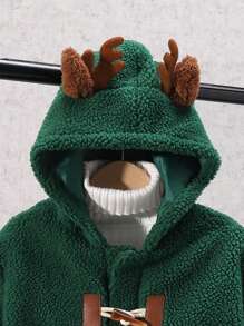 SHEIN 男大童雙口袋落肩 3D 耳朵設計連帽外套 - 墨綠色 - 查看 7