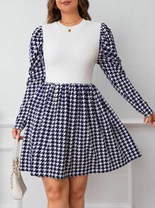 SHEIN Privé Hơn In Houndstooth Tay áo Đầm - Màu xanh hải quân - Xem 1