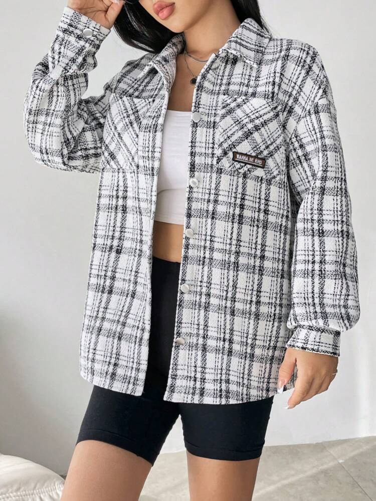 Plaid Print Drop Shoulder Flap Pocket Coat
