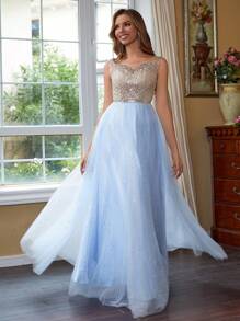 Contrast Sequin Mesh Prom Dress Prom Dresses For Women - Baby Blue - View 3