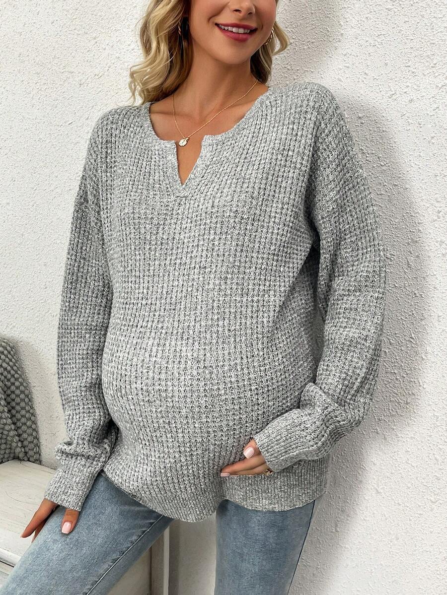 SHEIN Maternity Notched Neck Drop Shoulder Sweater - Light Grey - View 1