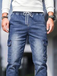 Manfinity Homme Men Flap Pocket Drawstring Waist Cargo Jeans Slim Fit Long Washed Denim Joggers Jean Plain Dark Blue Going Out Casual Friends Commute Urban Street Work Going Out - Medium Wash - View 5