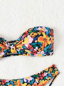 Conjunto de bikini de dos piezas con estampado de flores, para playa de verano - Multicolor - Ver 4