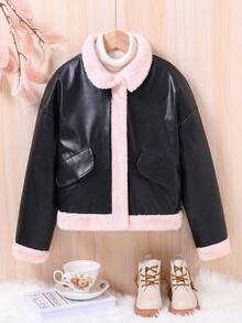 SHEIN Tween Girl Teddy Lined PU Leather Jacket - Black - View 3