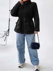 Flirla Hơn Túi có nắp Eo dây rút Thả vai Áo khoác - màu đen - Xem 6