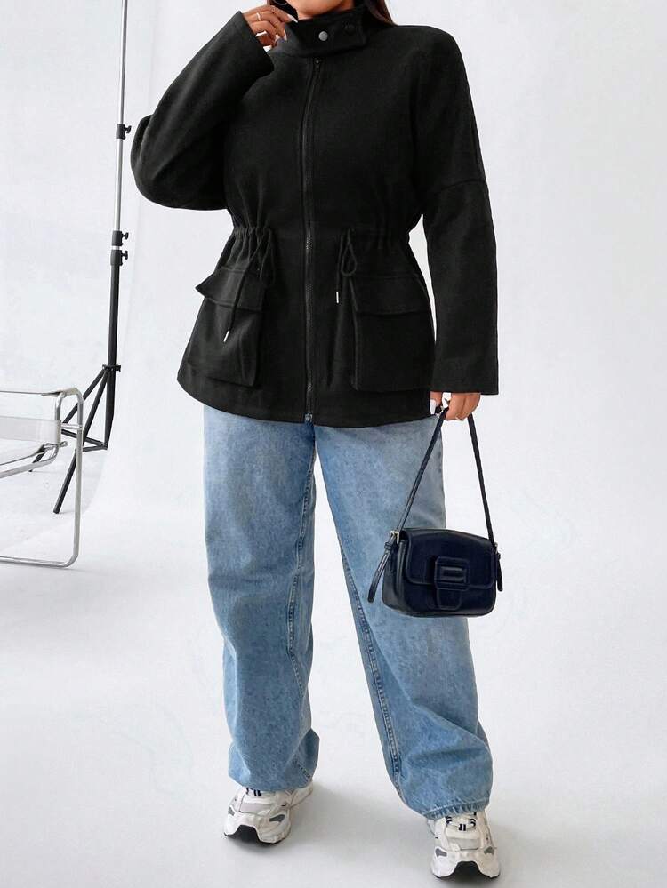 Plus Flap Pocket Drawstring Waist Drop Shoulder Overcoat