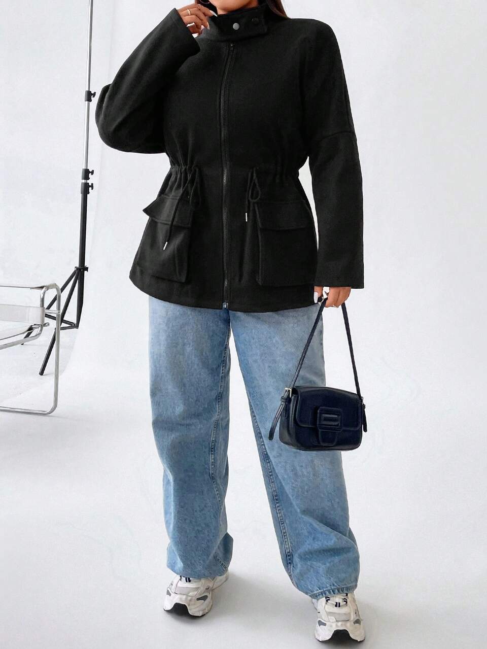 Plus Flap Pocket Drawstring Waist Drop Shoulder Overcoat