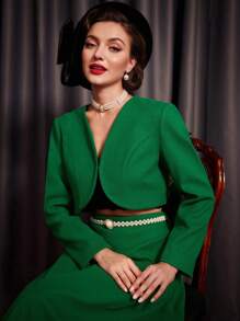 Vintamour Women Solid Color Long Sleeve Short Elegant & Fashionable Overcoat, Autumn/Winter - Green - View 7