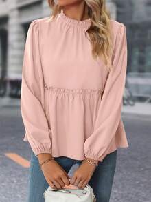 SHEIN Frenchy 褶邊燈籠袖荷葉邊下擺襯衫 - 淺粉色 - 查看 4