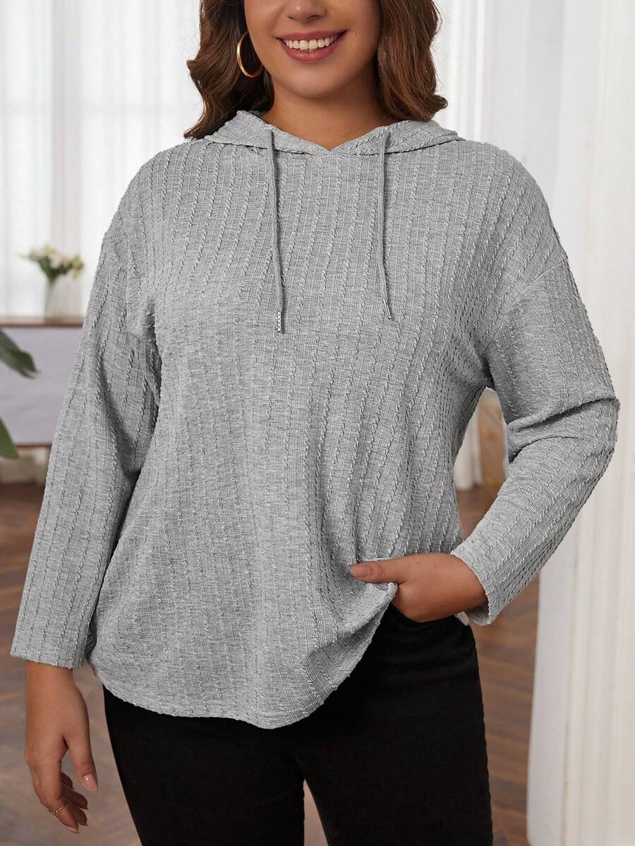 SHEIN LUNE Plus Size Drop Shoulder Drawstring Sweatshirt - Light Grey - View 1
