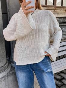 Flirla Plus Drop Shoulder Ribbed Knit Sweater Knit Pullover Fall Winter Sweater - Apricot - View 5
