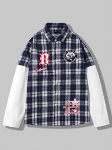 ROMWE MEN Street Life Men Slogan And Plaid Print 2 In 1 Long Sleeve Shirt - Blue - View 1