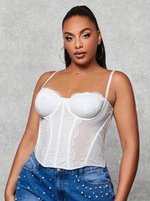 SHEIN BAE Top tipo camiseta con bustier de encaje para tallas grandes - Blanco - Ver 7