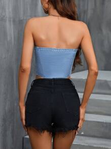 SHEIN ICON 珍珠點綴牛仔抹胸上衣 - 中等水洗藍 - 查看 2