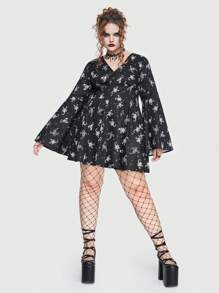 ROMWE Goth Plus Allover Scorpion Print Trumpet Sleeve Dress - Black - View 1