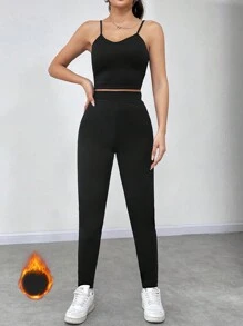 SHEIN Unity 素色吊帶上衣&緊身打底褲 - 黑色 - 查看 1