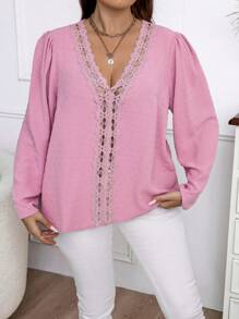 SHEIN Clasi Plus Swiss Dot Guipure Lace Trim Blouse - Dusty Pink - View 6