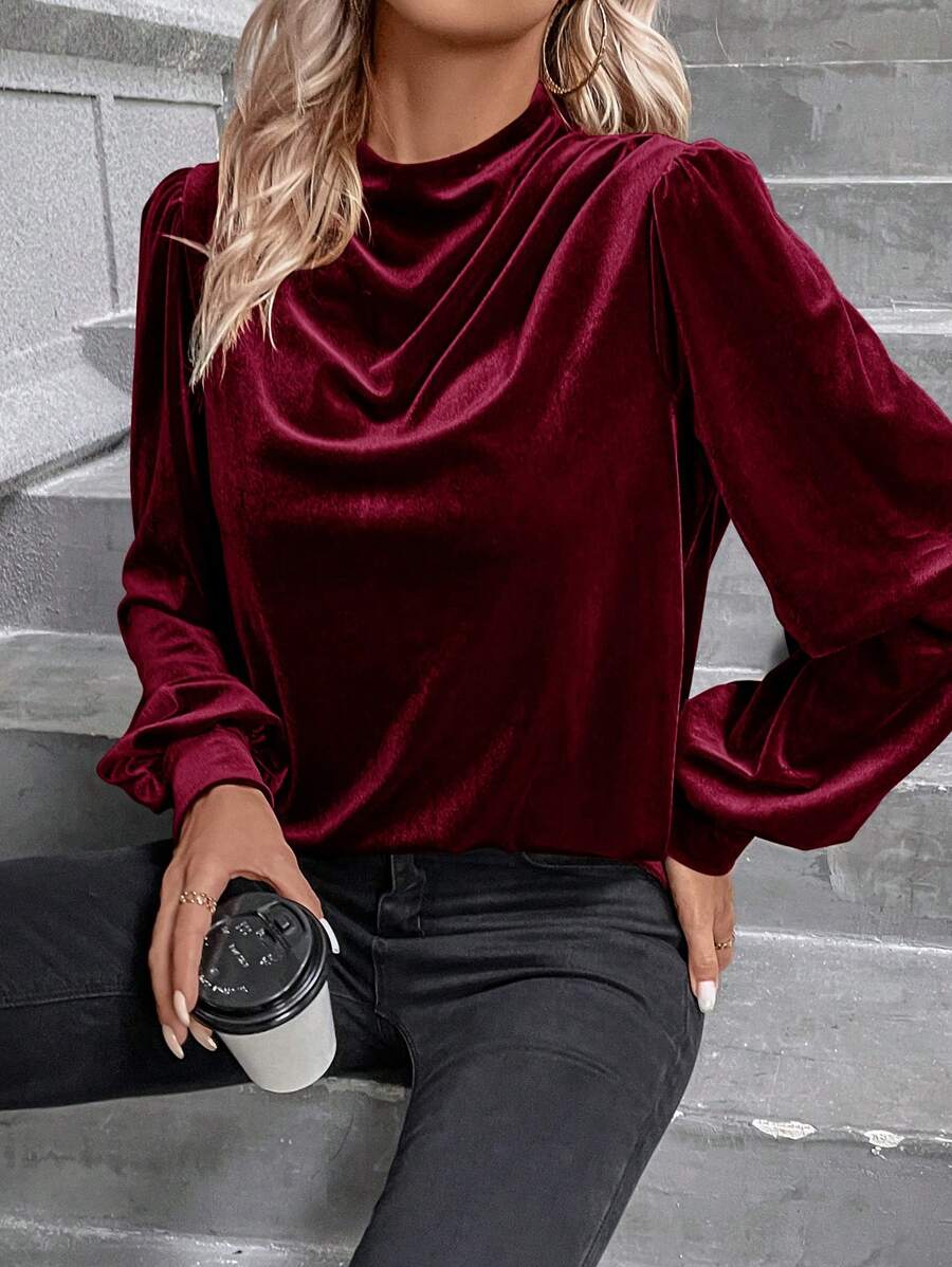 SHEIN Clasi 毛絨堆領燈籠袖天鵝絨襯衫 - 酒紅色 - 查看 1