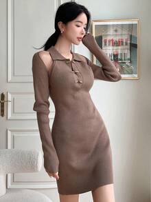 DAZY Đồ đan Ribbed Nút phía trước Váy len bó sát - Lạc đà - Xem 5
