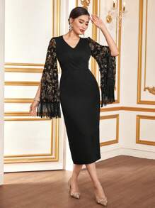 Modelyn Viền rìa Thêu hoa Tách tay áo Váy bodycon - màu đen - Xem 3