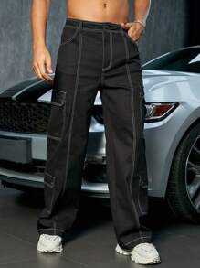 Men Street Top-Stitching Flap Pocket Side Cargo Fall Pants - Black - View 5