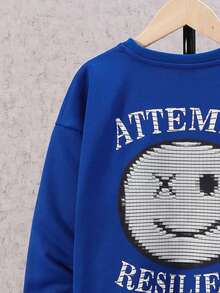 SHEIN 男大童字母和卡通圖案落肩袖二合一套頭衫 - 藍色 - 查看 5