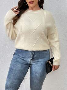 SHEIN LUNE 大碼麻花編織落肩袖套頭毛衣 - 米色 - 查看 4