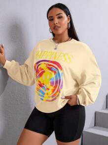 SHEIN EZwear Plus Letter & Cartoon Graphic Drop Shoulder Sweatshirt - Khaki - View 6