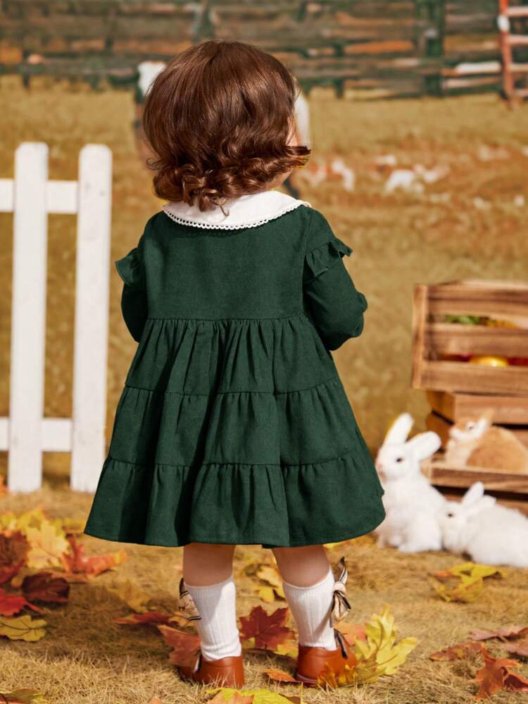 Baby Girl Contrast Collar Ruffle Hem Smock Dress