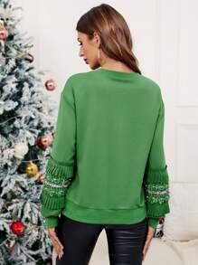 SHEIN Clasi Solid Drop Shoulder Floral Embroidery Detail Sweatshirt - Green - View 2
