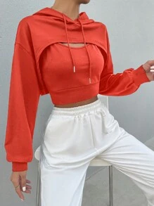 SHEIN Unity Thả vai Dây rút Vi mô Áo hoodie ngắn & Áo - Đỏ - Xem 4