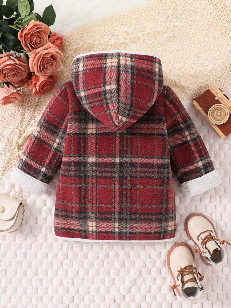 Baby Girl Tartan Print Teddy Lined Duffle Hooded Coat