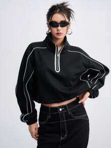 DAZY Contrast Piping Half Zip Drop Shoulder Crop Sweatshirt - Black - View 3