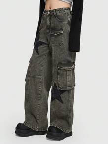 ROMWE Grunge Punk Pantalones vaqueros tipo cargo para novio con bolsillos con solapa y estampado de estrellas, para la escuela