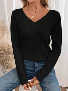 SHEIN Frenchy Áo len thiết kế cổ chữ V ren tương phản, áo dài tay - màu đen - Xem 5