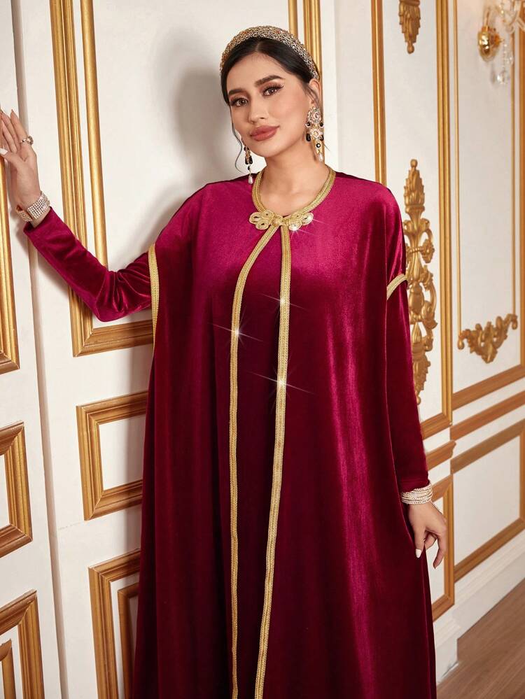 Burgundy Red Contrast Trim Open Front Coat & Dress Fall Cloth For Women