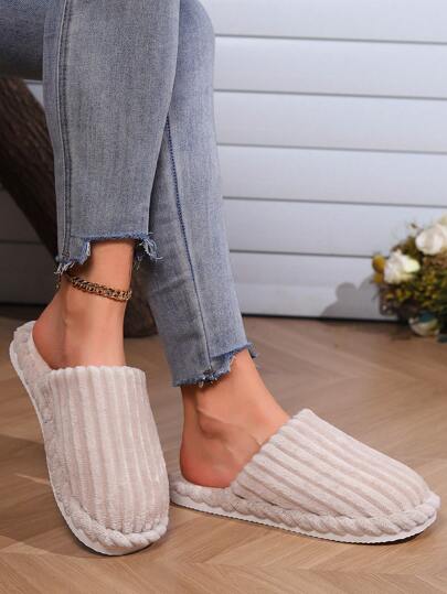 Ladies' Corduroy House Slippers In Beige Color, Winter, Non-Slip, Warm, Soft Plush Sole, Simple And Fashionable Style,Furry Shoes