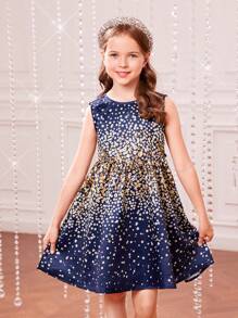 Tween Girl Sequin Print Bow Back Dress - Navy Blue - View 5