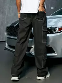 Men Street Top-Stitching Flap Pocket Side Cargo Fall Pants - Black - View 6