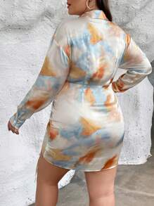 SHEIN Privé Plus Tie Dye Drawstring Front Drop Shoulder Ruched Bodycon Dress - Multicolor - View 2