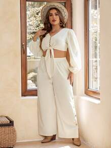SHEIN VCAY Hơn Nút viền Top Cây trồng & Quần ống rộng - Màu be - Xem 5