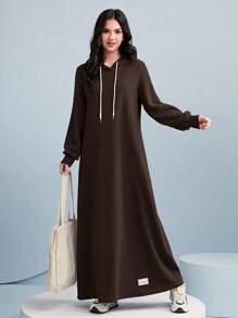 Mulvari Letter Patched Drawstring Hooded Sweatshirt Dress - Coffee Brown - View 4