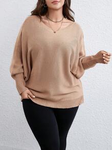 SHEIN LUNE Plus Batwing Sleeve Sweater - Khaki - View 1