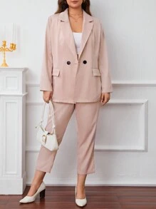 SHEIN Essnce Plus Double Button Blazer & Pants - Baby Pink - View 4
