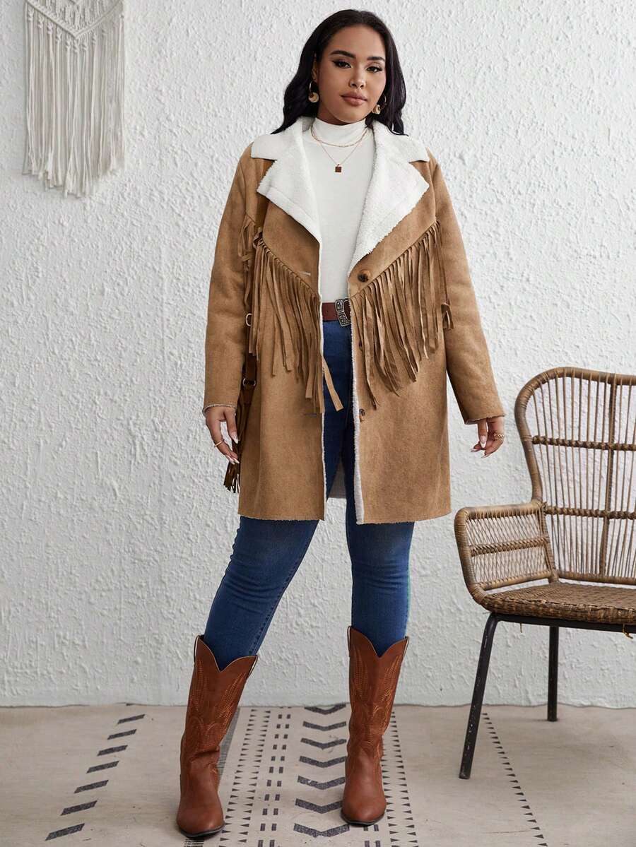 SHEIN VCAY Plus Lapel Neck Fringe Trim Teddy Lined Coat - Khaki - View 1
