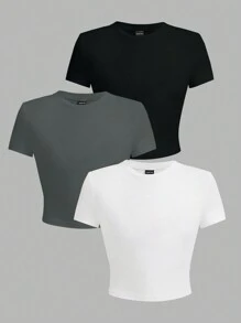 SHEIN 3pcs Solid Round Neck Tee - Multicolor - View 1