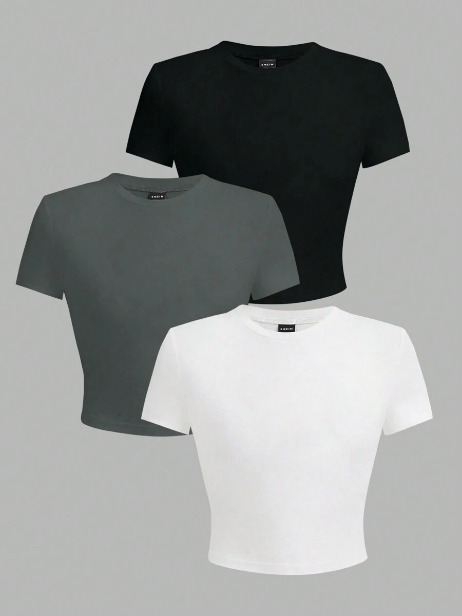 SHEIN 3pcs Solid Round Neck Tee - Multicolor - View 1