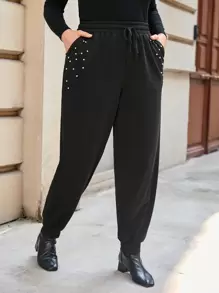 SHEIN Essnce 大碼珍珠串珠細節腰部抽繩衛褲 - 黑色 - 查看 1