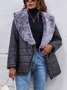 SHEIN LUNE Borg Collar Zip Up Padded Padded Coat Clothes Winter Fall Cloth For Women - Black - View 6